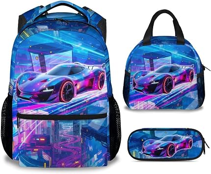 Boys Backpack Set, School Back Pack with Lunch Box, Racing Car Backpack for Kids Ages 6-8, 17 Inch Toddler Schoolbag with Large Capacity