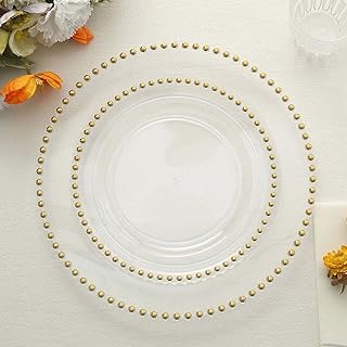Efavormart 10 Pack | 8" Clear/Gold Beaded Rim Plastic Dinner Plates, Disposable Round Party Plates