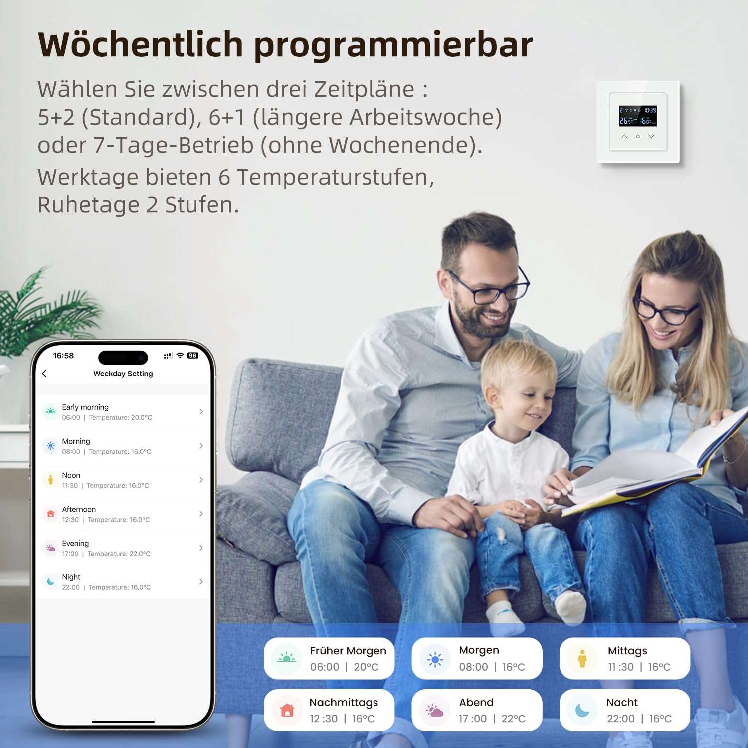 AVATTO 55x55mm Smart WiFi Thermostat für Wasser-Fußbodenheizung programmierbarer Raumthermostat kompatibel mit Alexa & Google Home, Fernbedienung über AVATTO-App oder Smart-Life-App