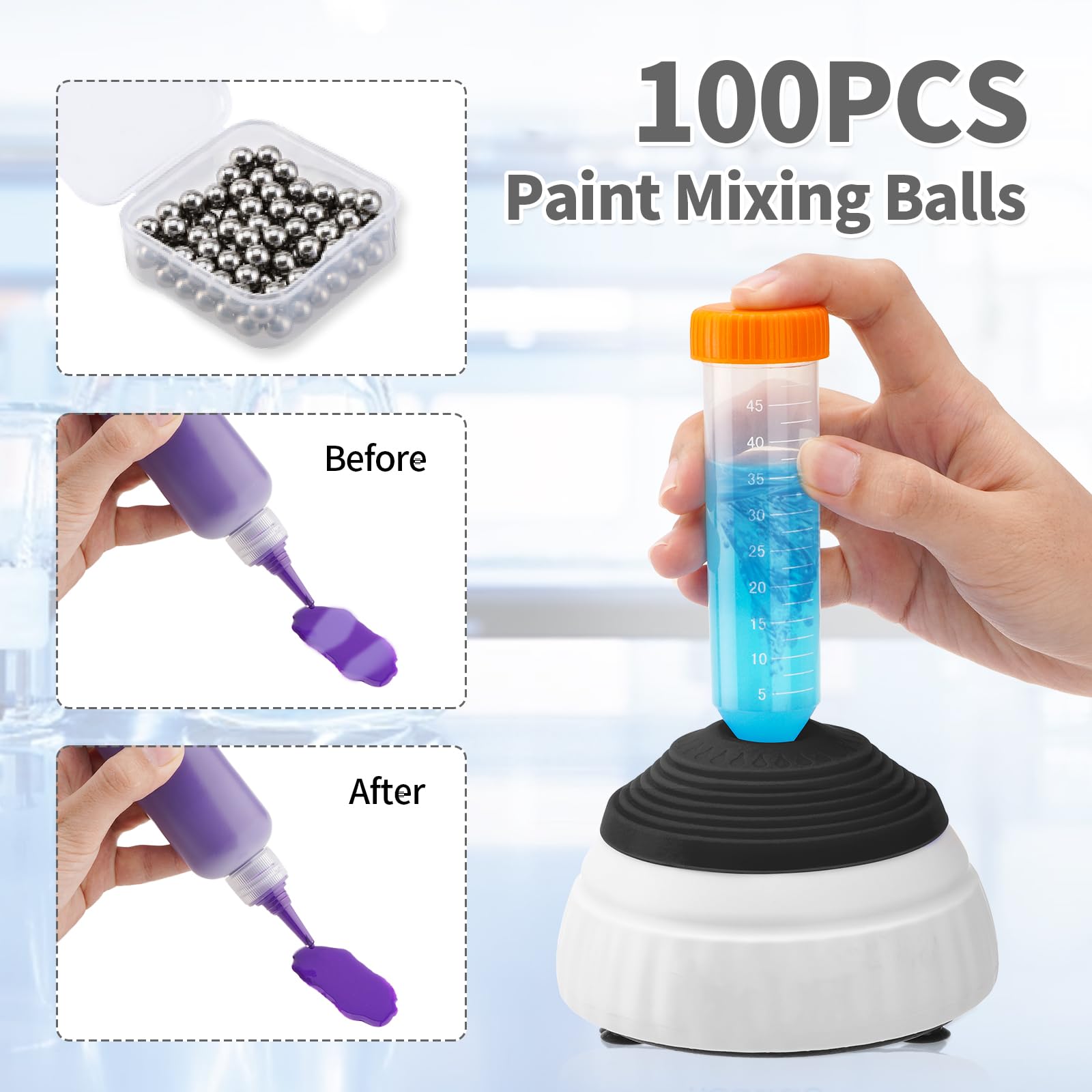 FOUR E'S SCIENTIFIC Mini Vortex Mixer Labor Vortex Schüttler Farbmischer mit Touch Funktion 3000RPM Vortex Mischen für Paint Shaker, Nagellack, Wimpern Gel, Tattoo Tinte,100 Stück Mischkugeln,Schwarz