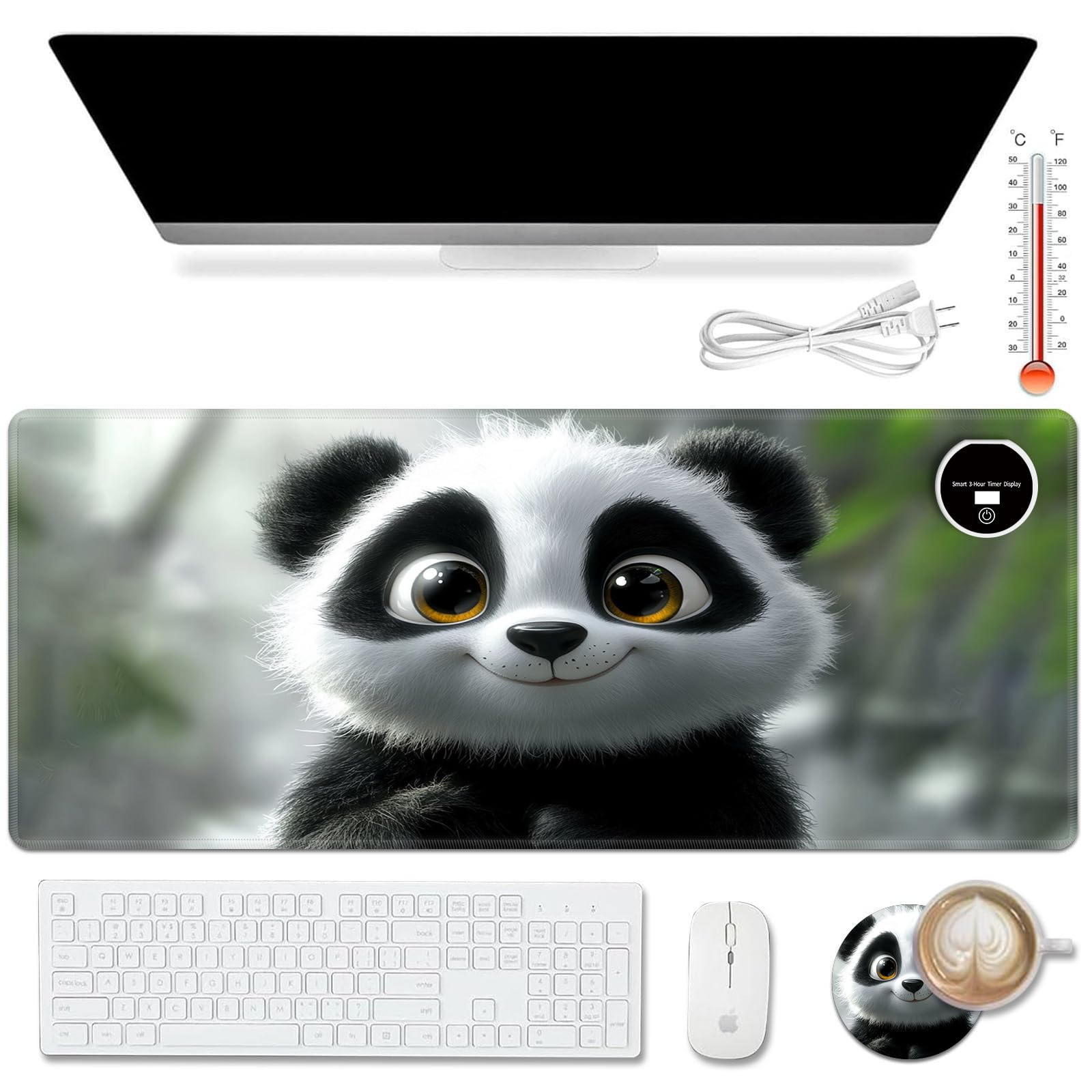 ACWDMKH Warm Desk Pad,Heated Desk Pad,Office Mat,3 Heating Levels & 3 Hours Auto Shut-Off,31.5"*13" Gaming Mouse Laptop Keyboard Leather Desk Mat,Cute Panda Snow