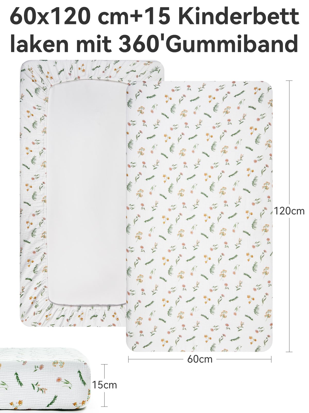 TILLYOU Musselin Spannbettlaken 2er Set Bettlaken Kinderbett 60x120 cm 100% Baumwolle Spannbettlaken Baby, Blumig