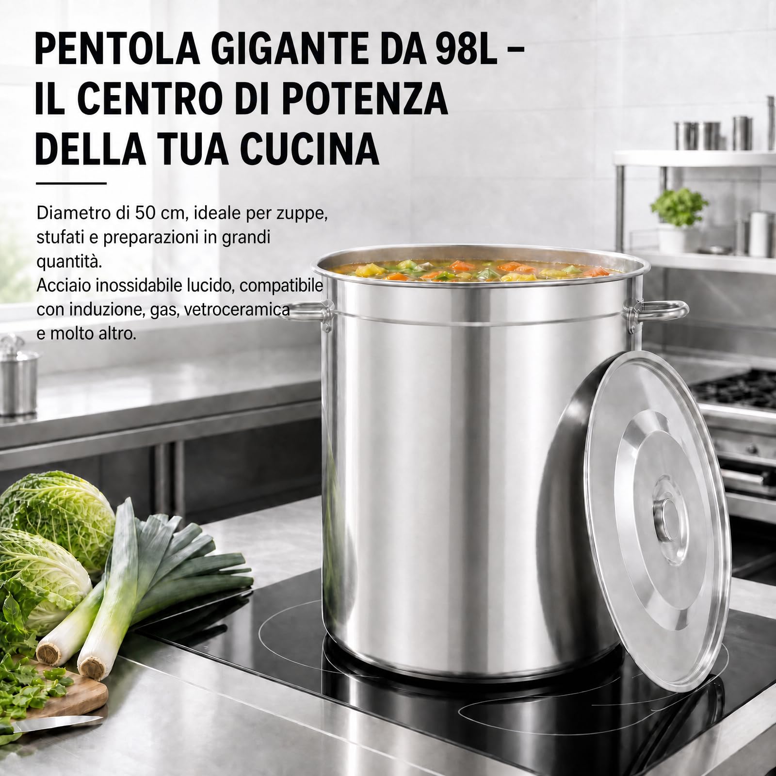 Pentola per zuppa in acciaio inox, 98 l, grande con manici e coperchio per lavandino, Ø 51,5 cm, altezza: 50 cm, in acciaio inox, grande per tutti i piani cottura e le grandi cucine