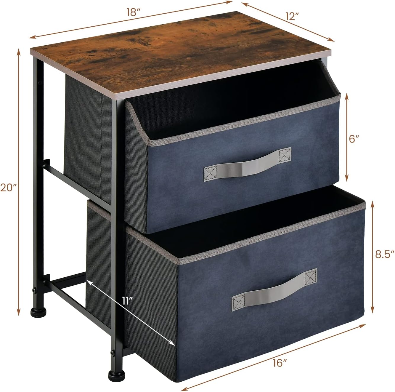 GOFLAME Industrial Nightstand Set of 2, 2-Drawer Dresser with Metal Frame, Multifunctional Bed Side Table with Anti-toppling Device for Bedroom, Living Room & Nursery, Easy Assembly, Rustic Brown