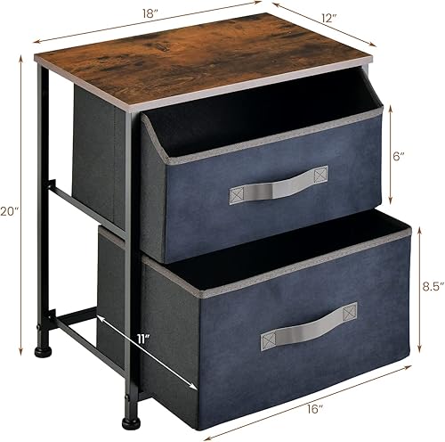 Miniatura 3 de GOFLAME Mesita de noche industrial, cómoda de 2 cajones con marco de metal, mesa auxiliar de cama multifuncional con dispositivo anti-caída para