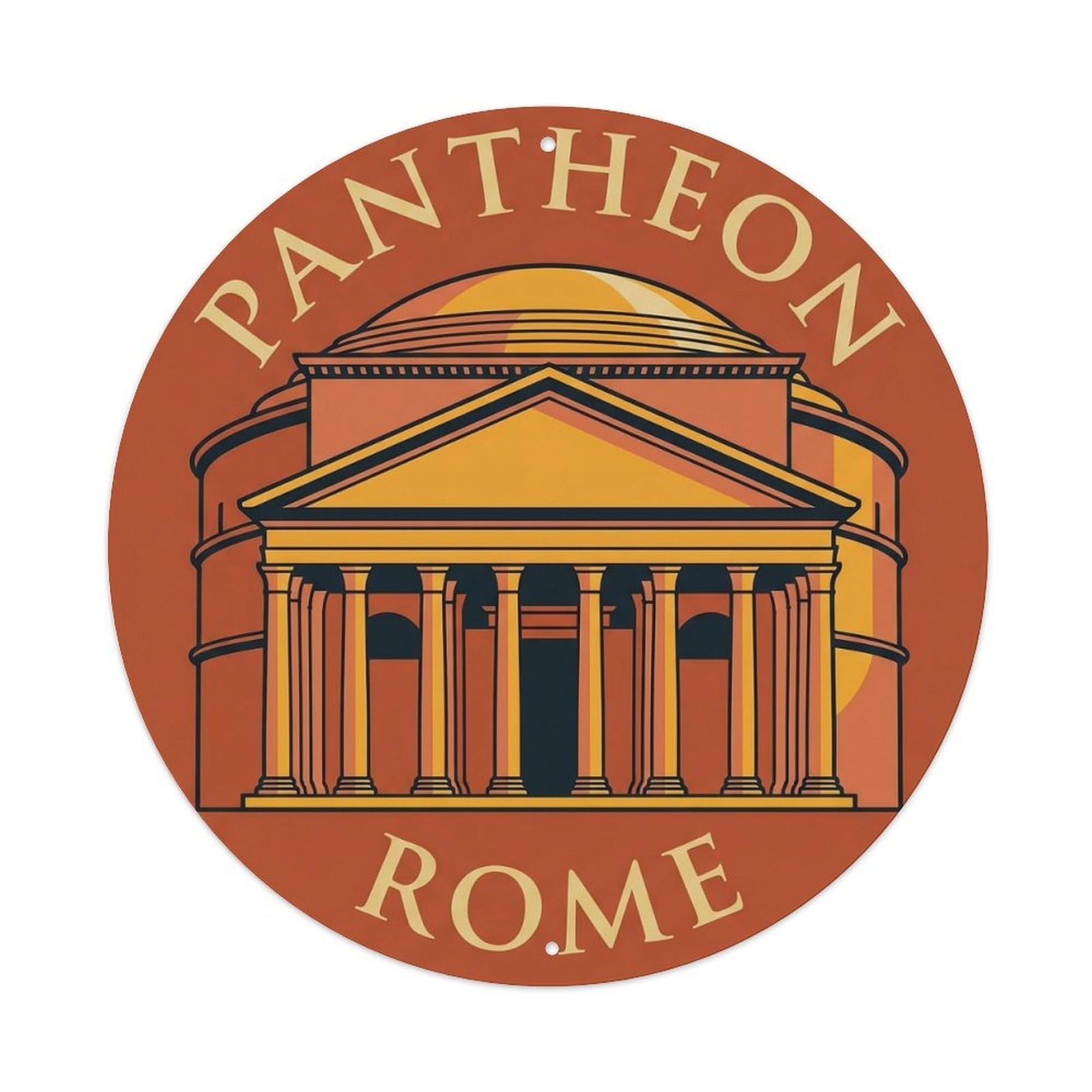 Vintage Travel Pantheon Rome Temple Metal Tin Sign Plaque Wall Decor for Cafe, Club, Garden Round Metal Poster 8x8Inch