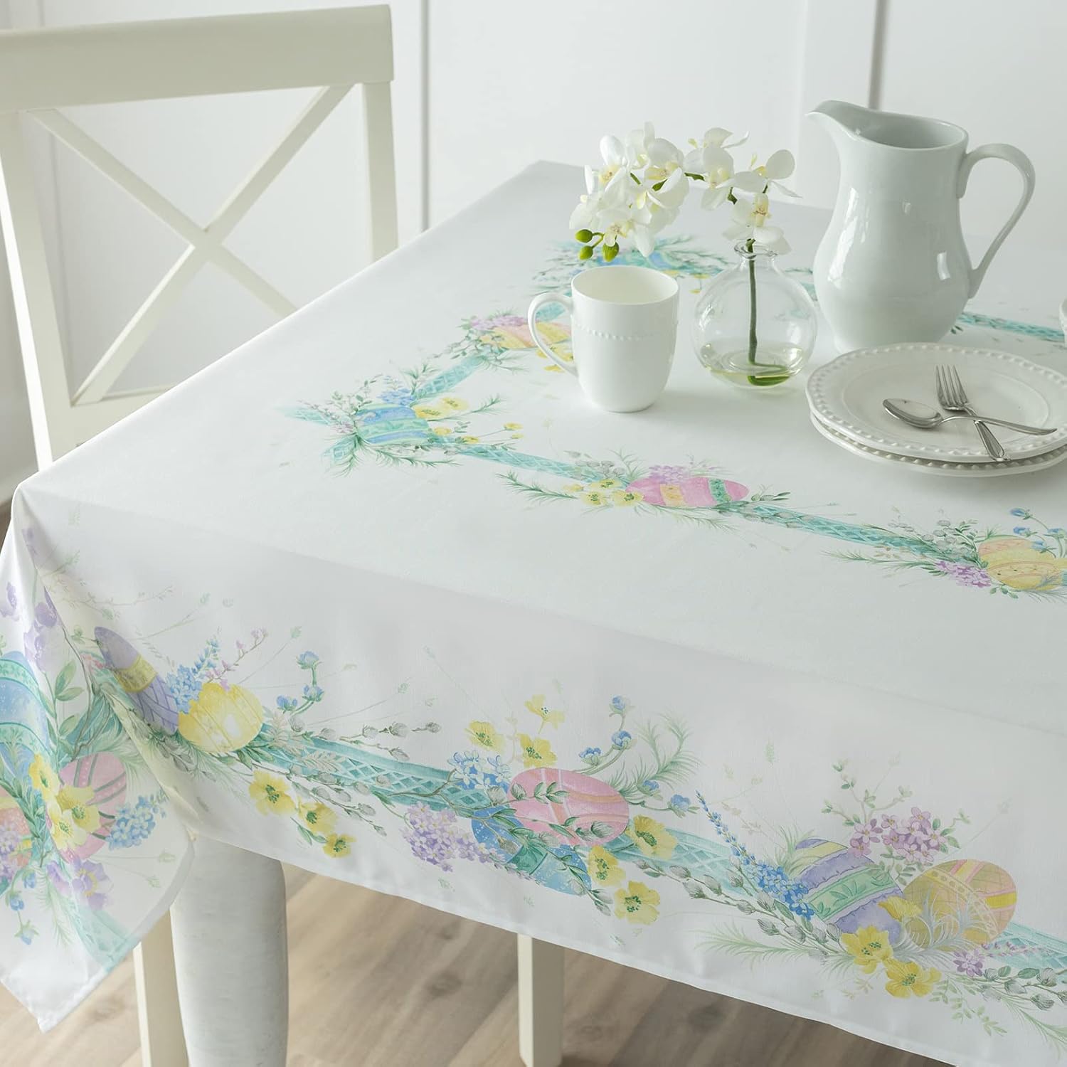 Benson Mills Easter Meadow Easter Fabric Tablecloth, Spillproof Indoor/Outdoor Spring and Easter Table Cloth (60" x 104" Rectangular, Easter Meadow)