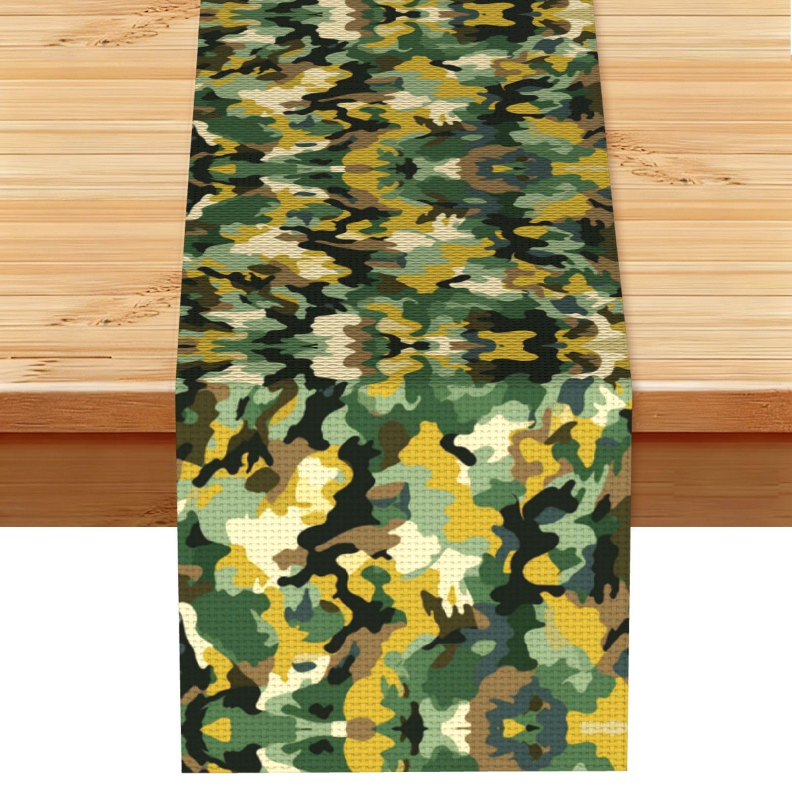 Lush Olive Bellow Camo Printed Table Runner 13 x 72, Wrinkle Resistant Decor for Dining Table Coffee Table Fireplace