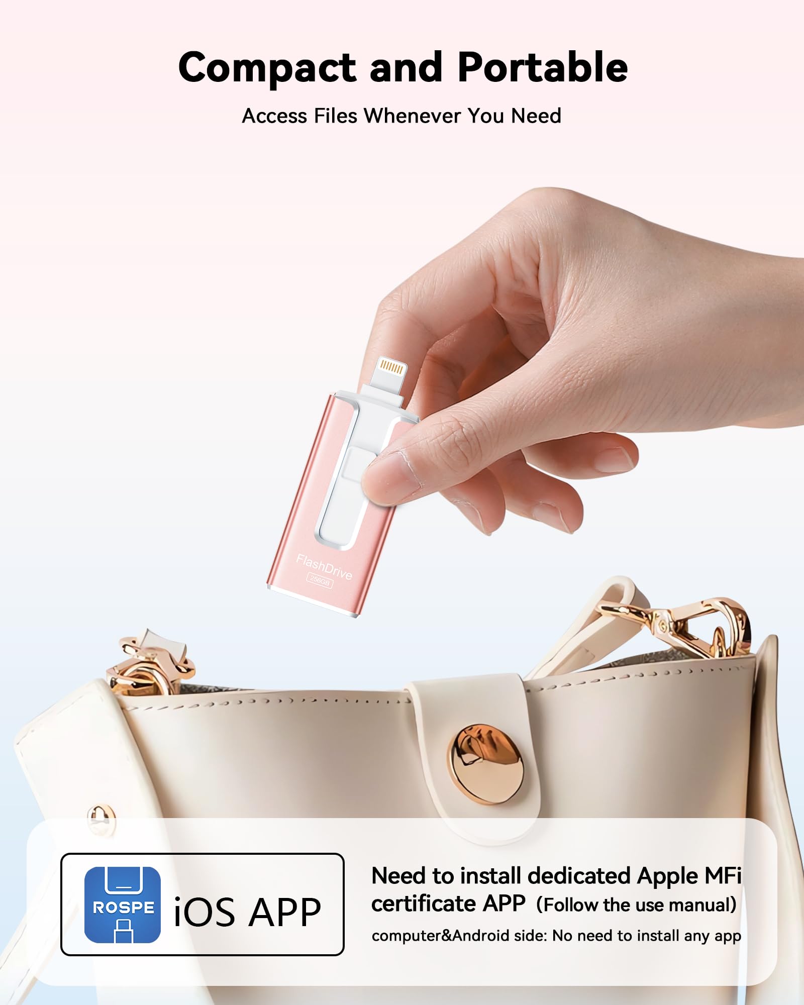 Chiavetta USB 3 in 1 certificata MFi per archiviazione di foto e video (rosa)