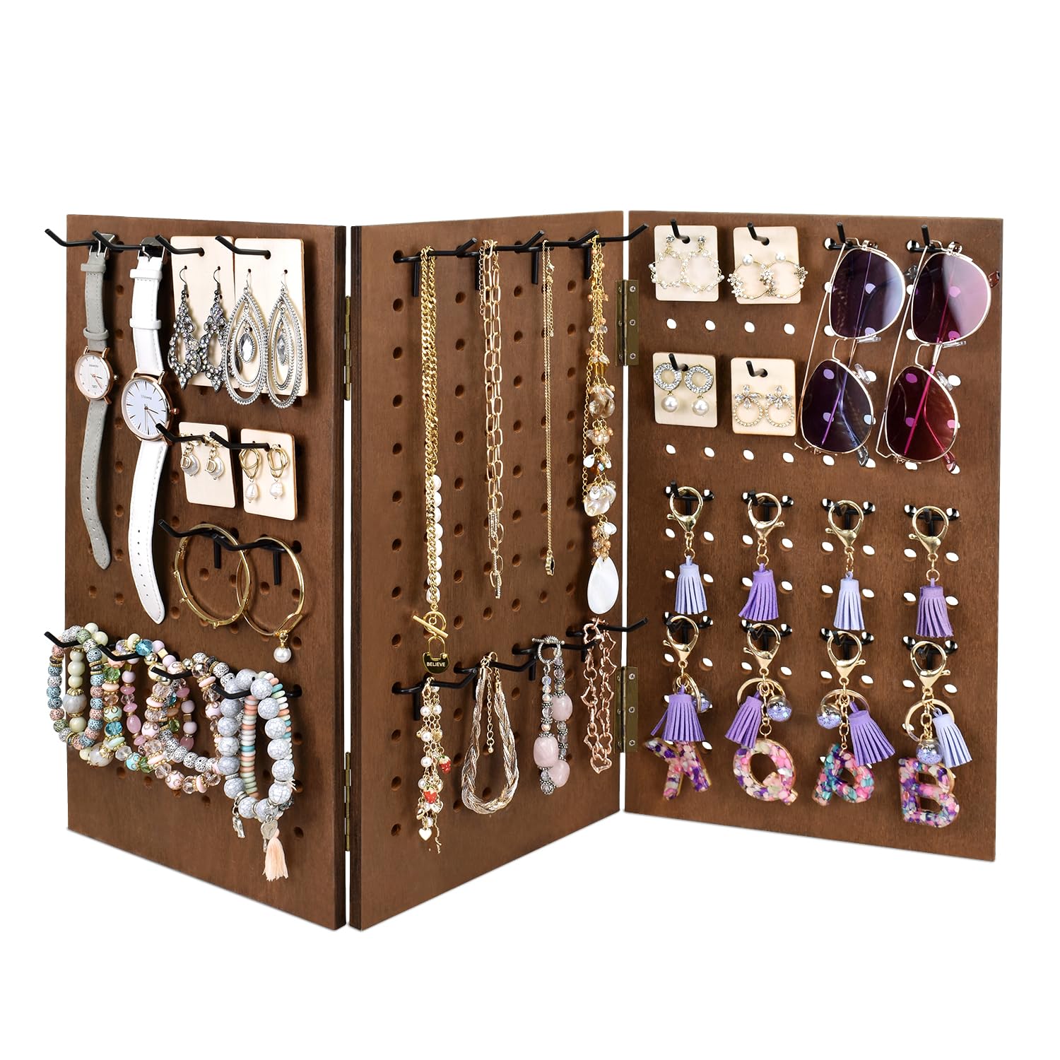 MOOCA Wall-Mountable Wooden Foldable 3-Panel Pegboard Jewelry Display Organizer with 48 Removable Black Hooks, Vertical or Horizontal Display, Ideal for Travel, Brown Color