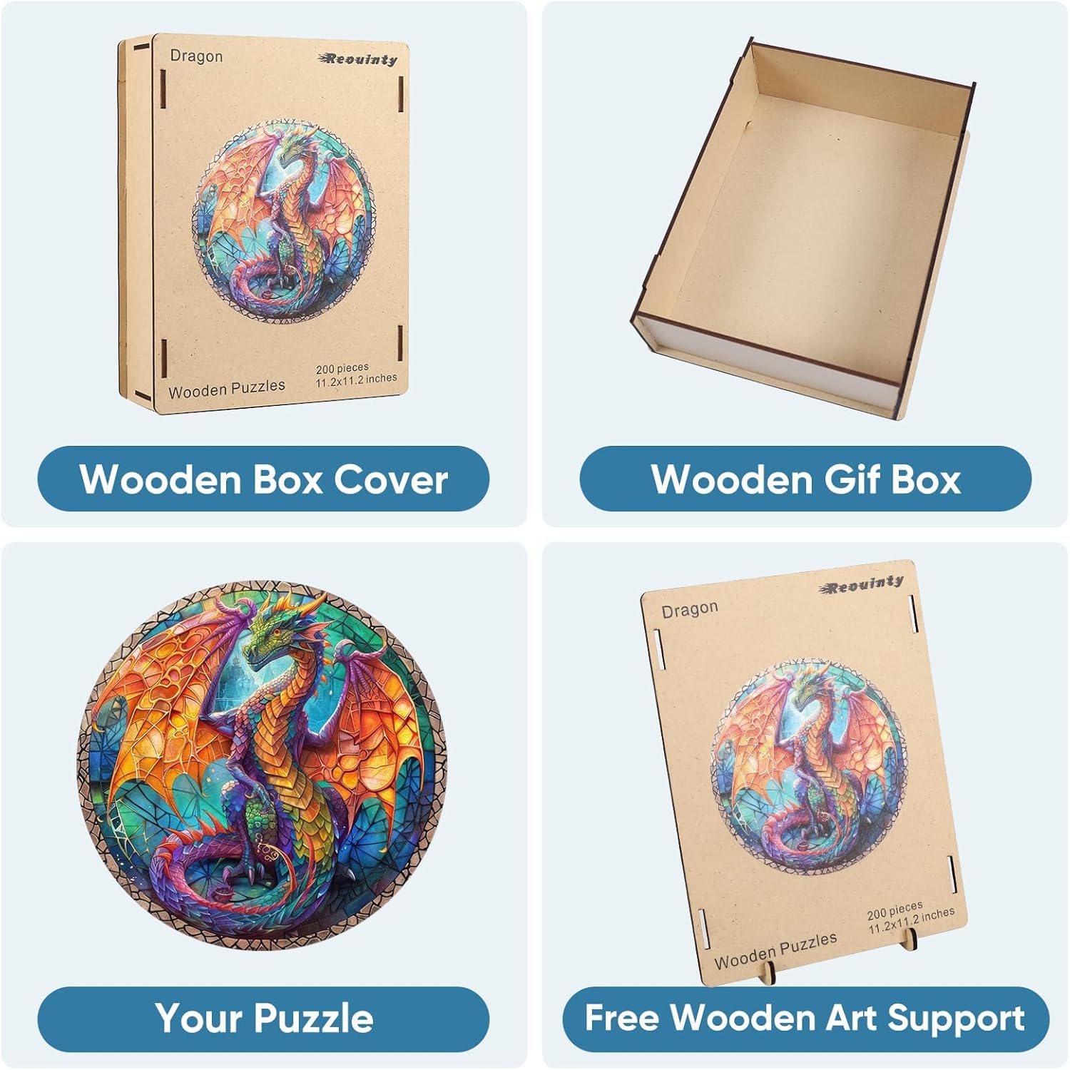 Reouinty Wooden Puzzle 500 Pieces, 3D Vision Effect Dragon Puzzle for Kid, Beautiful Wall Decor, Unique Shape Jigsaw Puzzle Piece, Challenge Puzzle Gift for Family Game 16.5x16.5 in