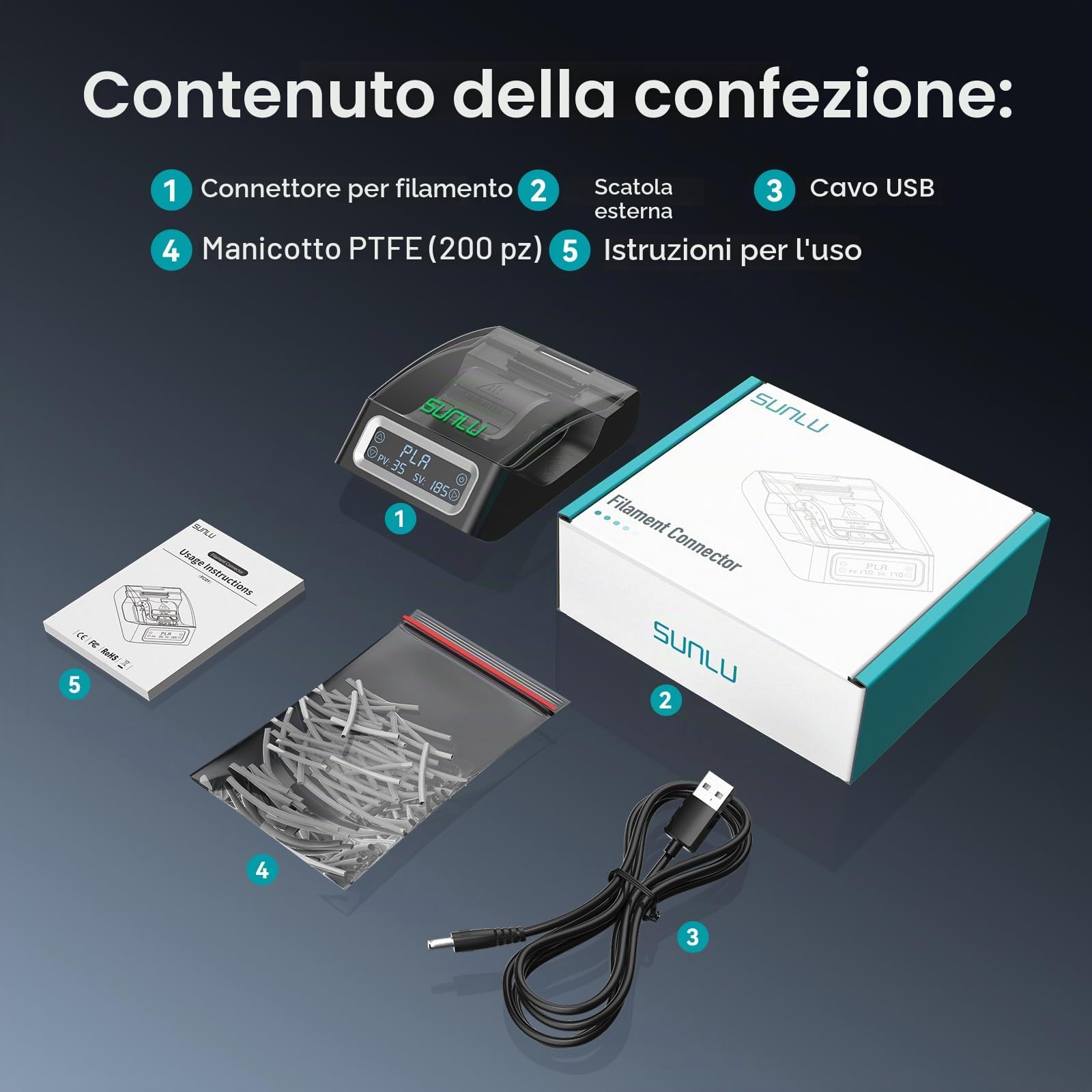 Filamento Connettore con 200 Tubi in PTFE, SUNLU Filamento Connector per Filamento da 1,75 mm, Compatibile con PLA, PETG, TPU, ABS, PA, Nylon