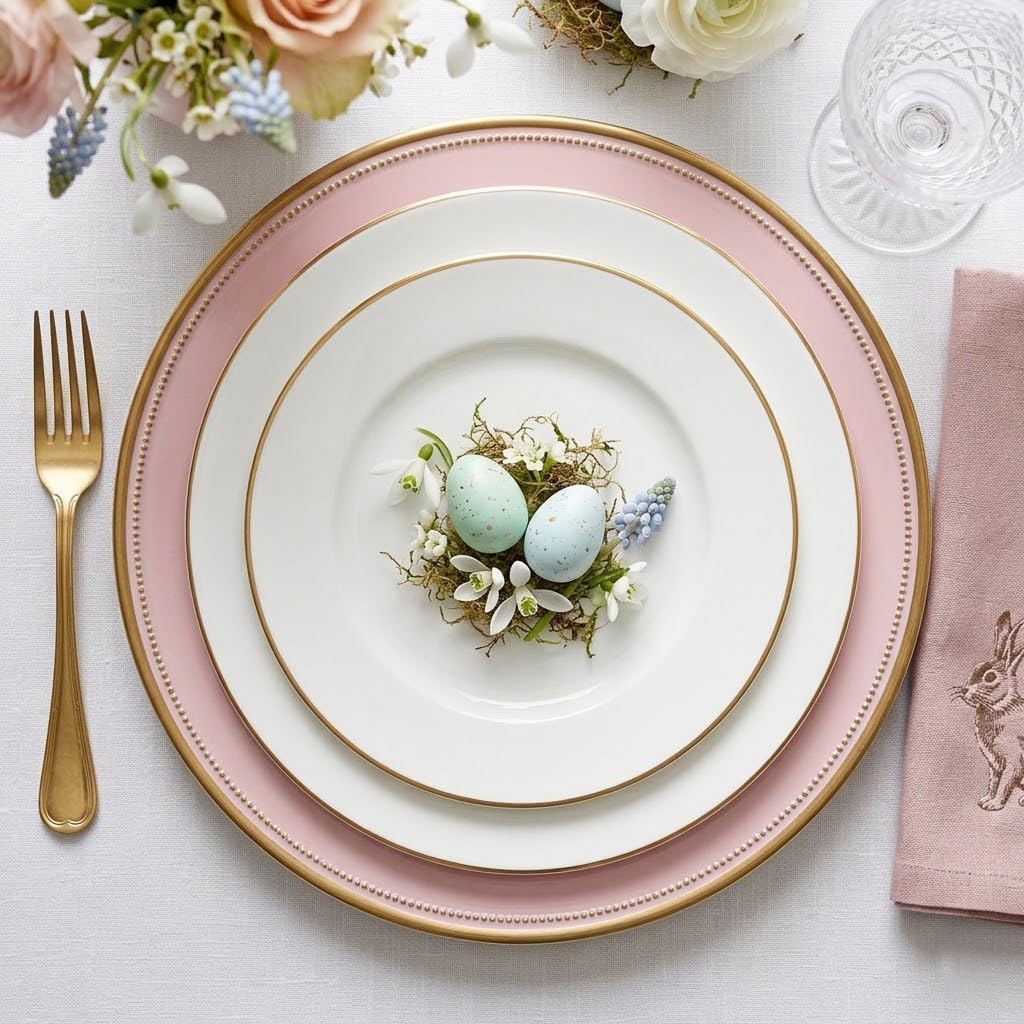 13" Pink Beaded Charger Plates with Gold Rim,Set of 6 image 3