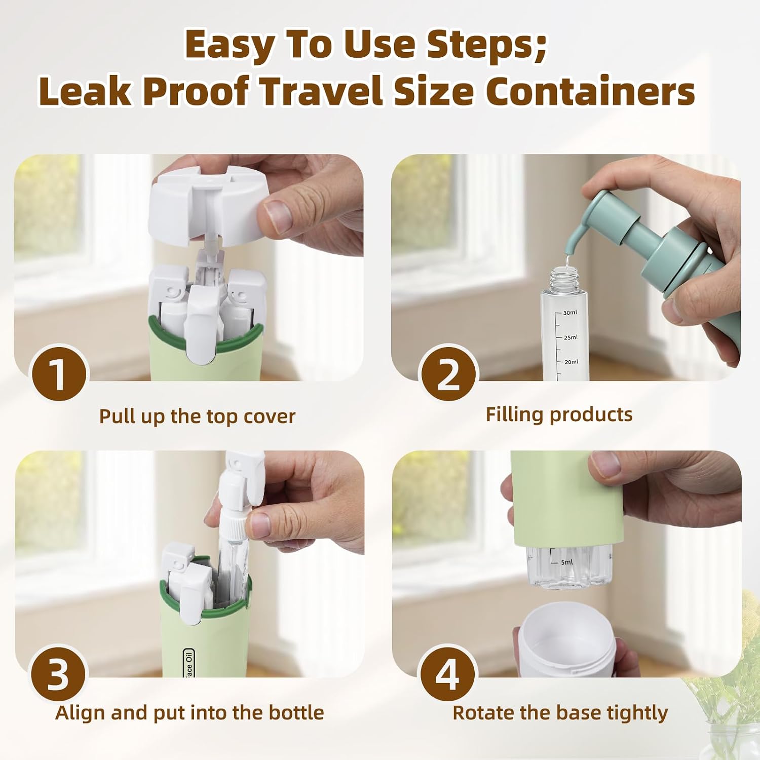 4 in 1 Travel Dispenser Bottle,4 Pack 30ML Travel Bottles for Toiletries, Leak Proof Travel Size Containers (Green)