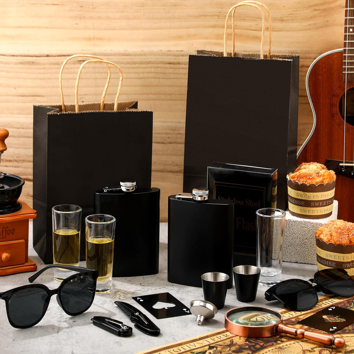 Chengu 48 Pcs Baby Shower Game Prizes for Men Winners Black Sunglasses Flasks Shot Glasses Bottle Opener Folding Comb with Gift Bags Raffia Baby Shower Party Prize Gifts Guest Wedding Bachelor Party