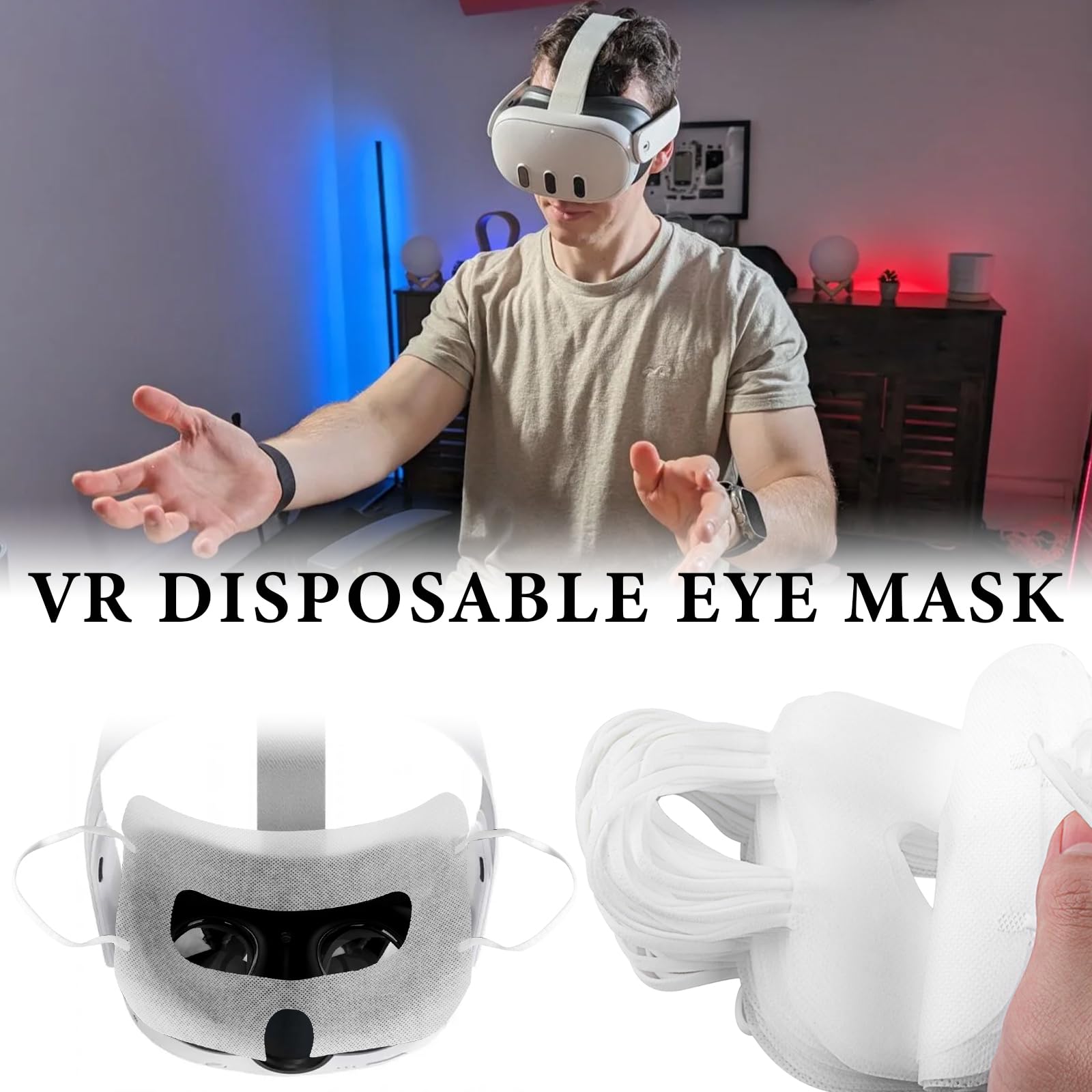 Geekria Lot de 100 Masques VR jetables compatibles Meta Quest 3, Quest 2, Quest Pro, PSVR 2, PICO 3, PICO 4, Protection des Yeux VR Blanc