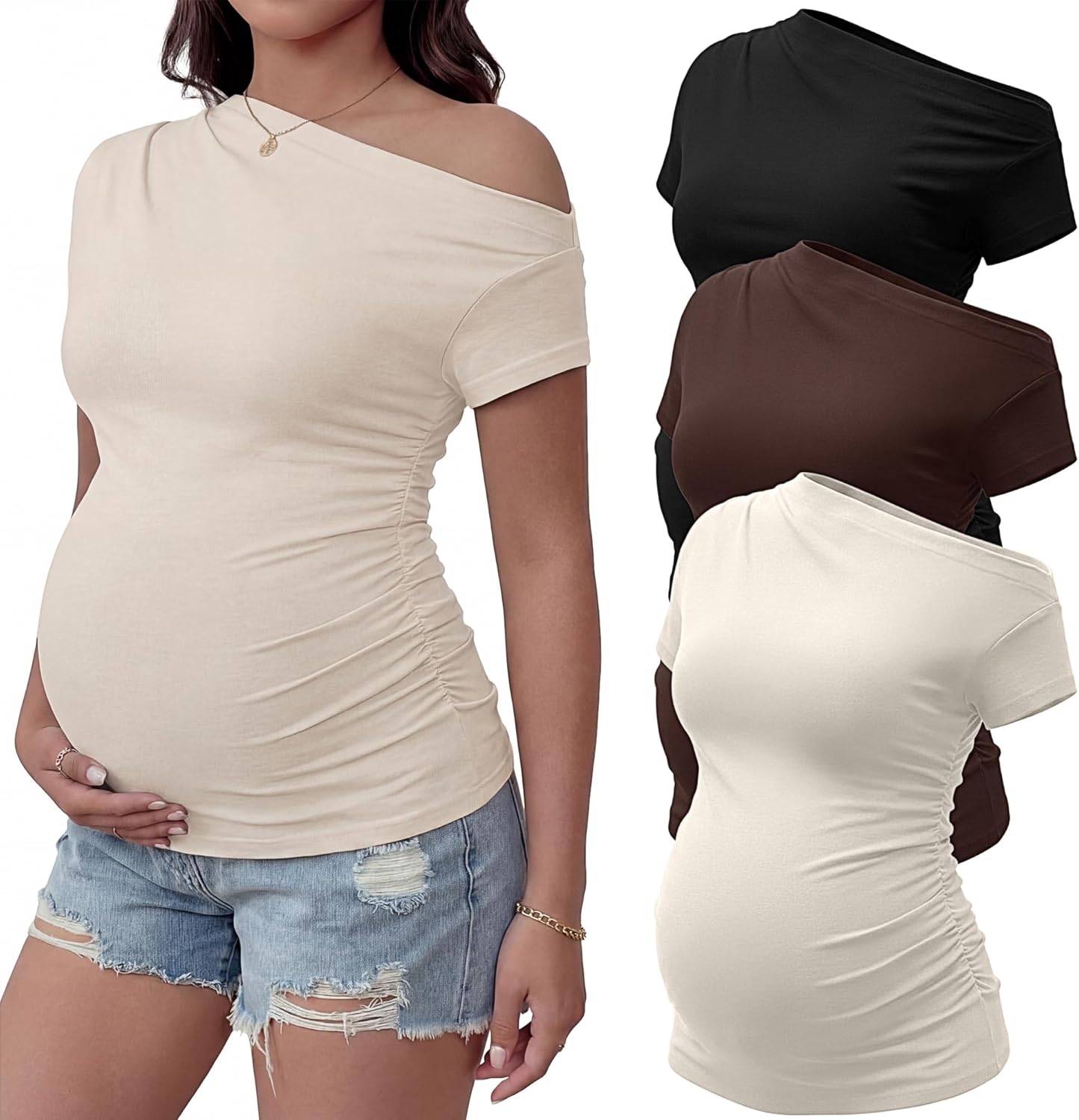 3 Pack Women Off The Shoulder Maternity Tops Ruched Short Sleeve Pregnancy Shirts Tunic Casual Pregnant T-Shirts
