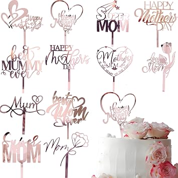12Pcs Happy Mothers Day Cake Topper Acrylic Cake Topper Mothers Day Cupcake Topper Heart Rose Flower Best Mom Shaped Cake Picks Cake Accessories for Birthday Mothers Day Gifts Cake Decor Rose Gold