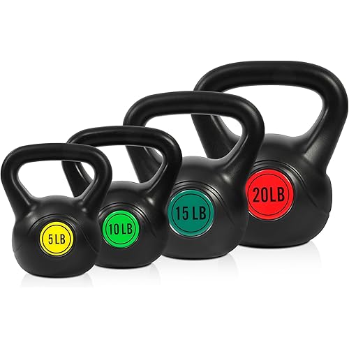 Wide Grip 3-Piece or 4-Piece Kettlebell Exercise Fitness Weight Set, Include 5 lbs, 10 lbs, 15 lbs and 20 lbs, Set of 3 or Set of 4