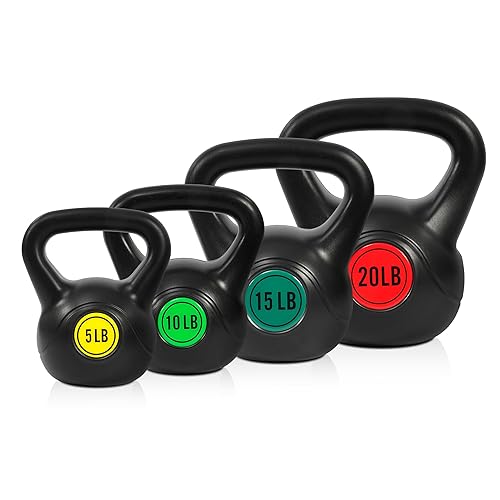 Fitvids Wide Grip 3-Piece or 4-Piece Kettlebell Exercise Fitness Weight Set, Include 5 lbs, 10 lbs, 15 lbs and 20 lbs, Set of 3 or Set of 4 - 5/10/15/20lbs Total 50lbs