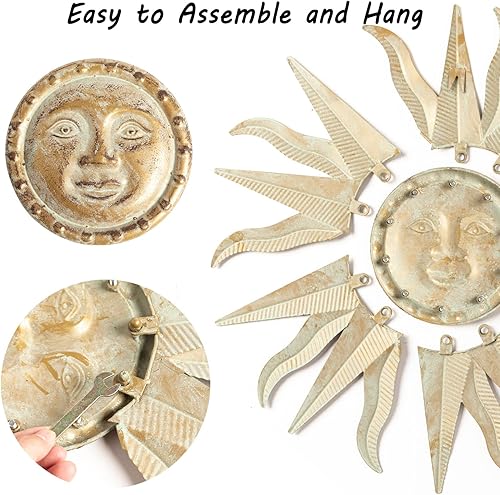 Miniatura 10 de TICKCACY Decoración de pared de sol de metal, arte de pared de sol de 27.5 pulgadas para colgar en interiores y exteriores, arte de cara de sol,