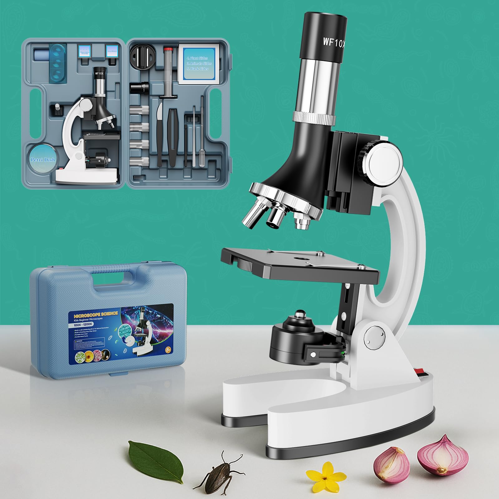 USCAMEL Microscopio Óptico 1200X para Niños - Kit Científico con Portaobjetos, Cuerpo Metal, LED y Maletín. Microscopio Compuesto Educativo - Regalo para Niños y Niñas
