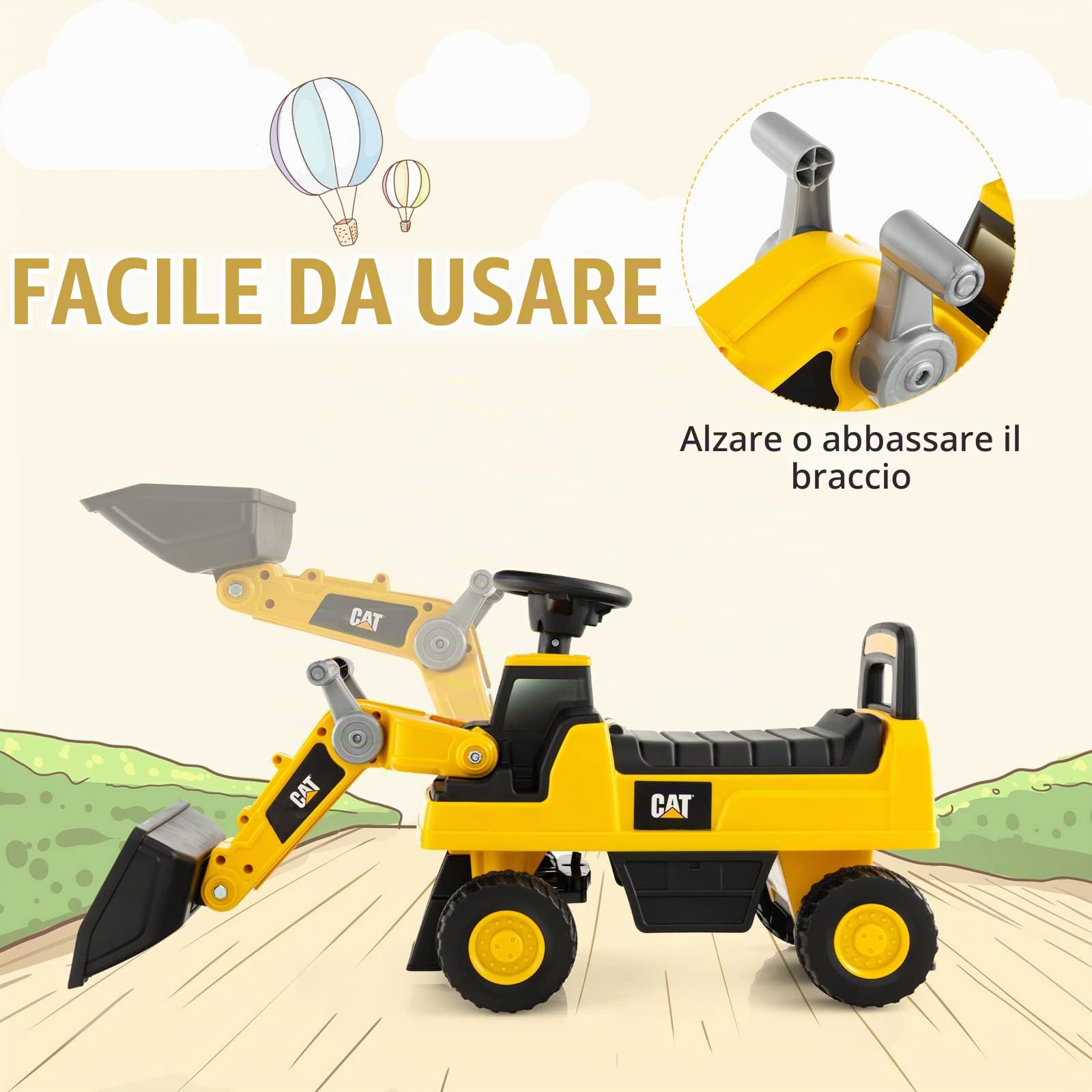GYMAX Ruspa Giocattolo per Bambini, Escavatore Cavalcabile con Benna Regolabile, Clacson e Spazio di Archiviazione Nascosto, Pneumatici Anti-scivolo, 1-3 Anni