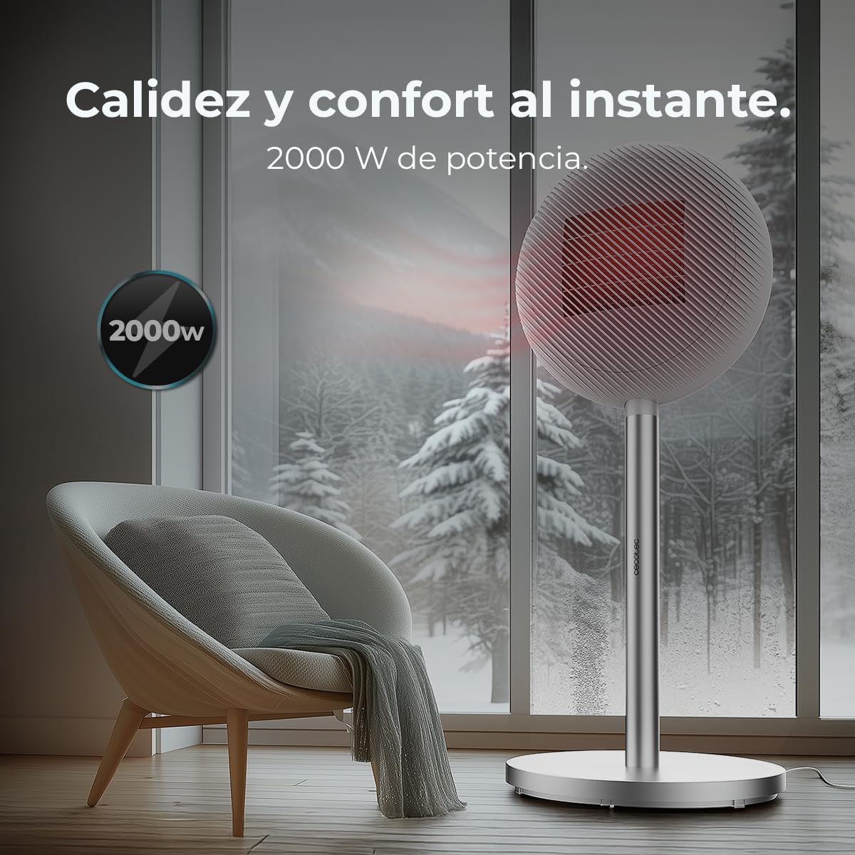 Cecotec Calefactor Cerámico de Pie con Mando a Distancia ReadyWarm 2100 Sun. 2000W, 2 Potencias, Bajo Consumo, Pantalla LED, Control Táctil, Termostato Ajustable, Oscilación Automática