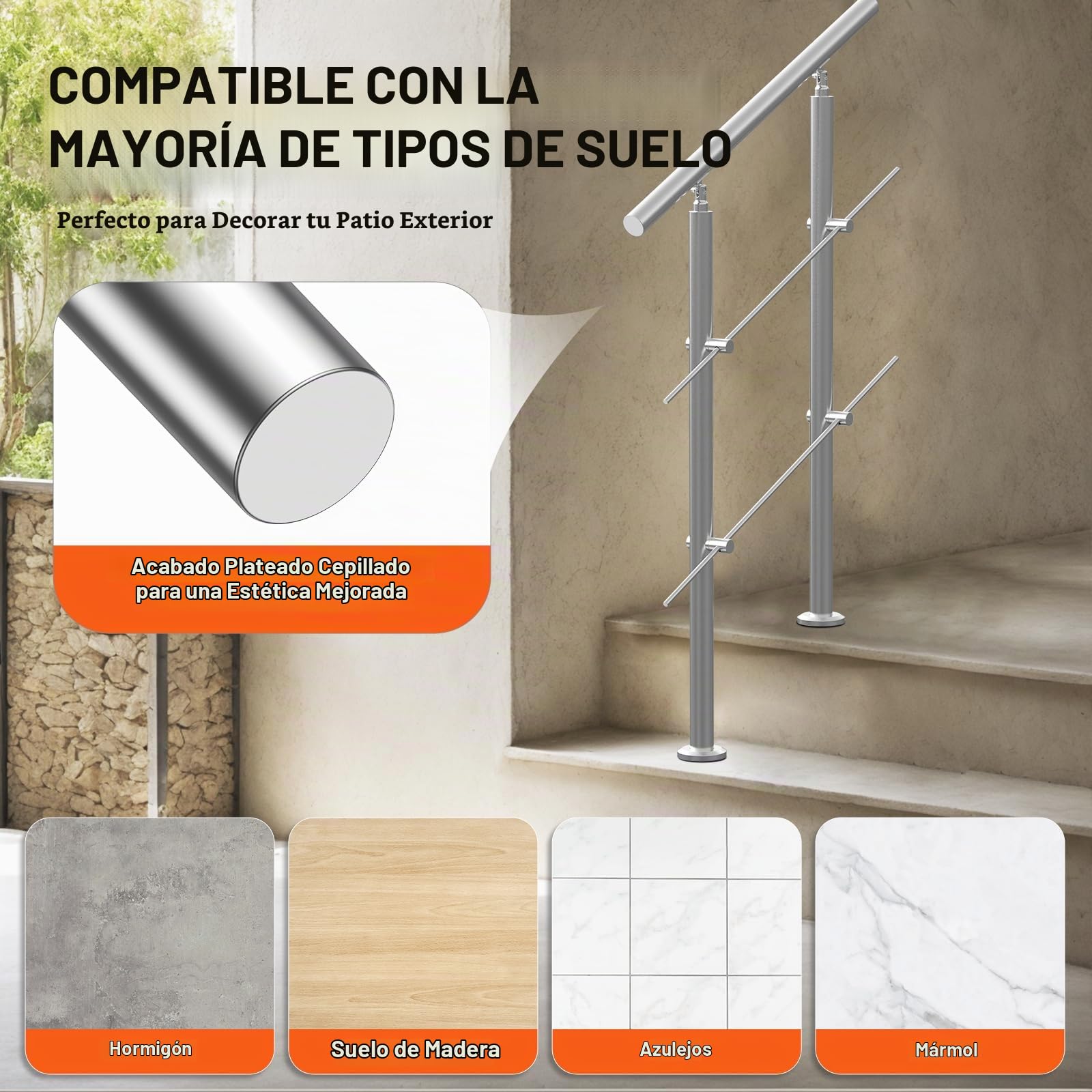 VEVOR Pasamanos de Escalera 80 cm Barandilla de Escalera para Escalones Exteriores de Acero Inoxidable 2 Travesaños con Kit de Instalación Barra de Agarre para Personas Mayores, Porche, Patio
