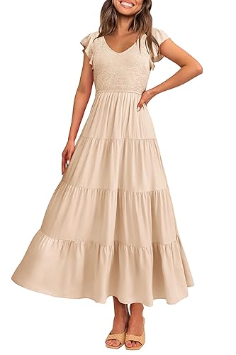 PRETTYGARDEN Women's Summer Flowy Maxi Dress Casual Cap Sleeve V
