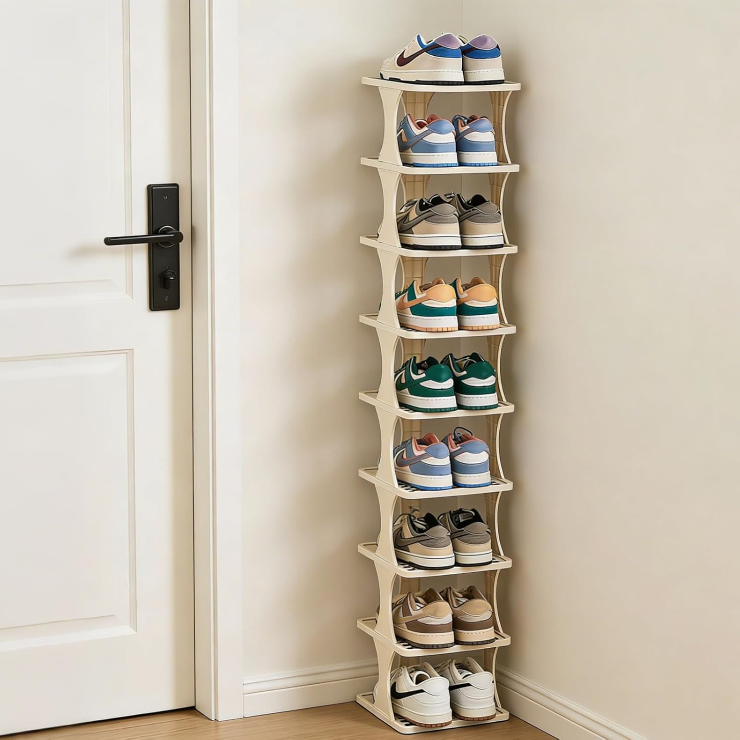 Vertical Shoe Rack 9 Tier, Narrow Free Standing Shoe Organizer for Closet, Entryway & Bedroom, Tall Plastic Narrow Shoe Rack for Small Spaces, Stackable Shoe Organizer& Easy to Assemble