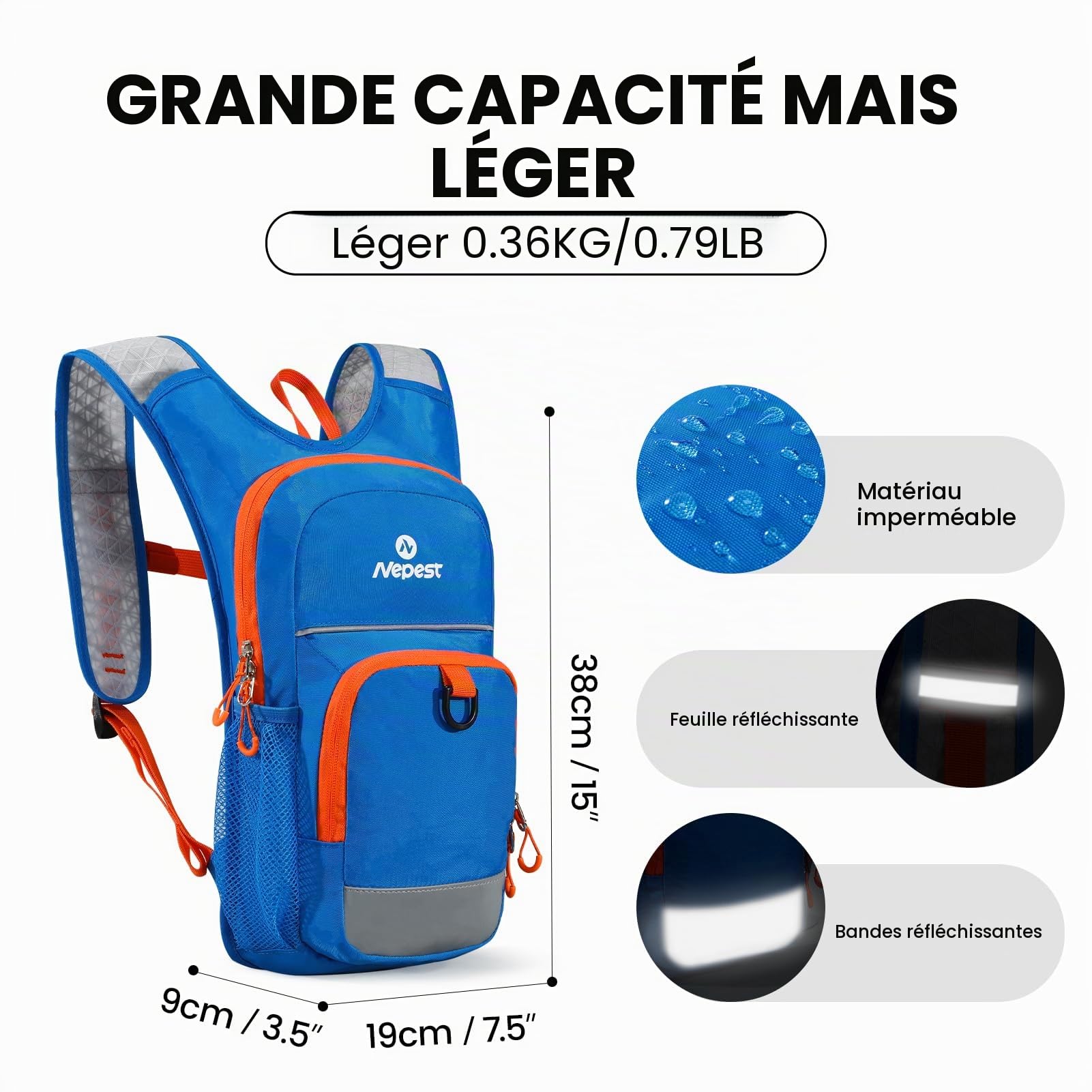Nepest Sac à dos d'hydratation pour enfant, poche à eau de 1,5 l, bouteille d'eau respirante, avec bandes réfléchissantes et sangles réglables