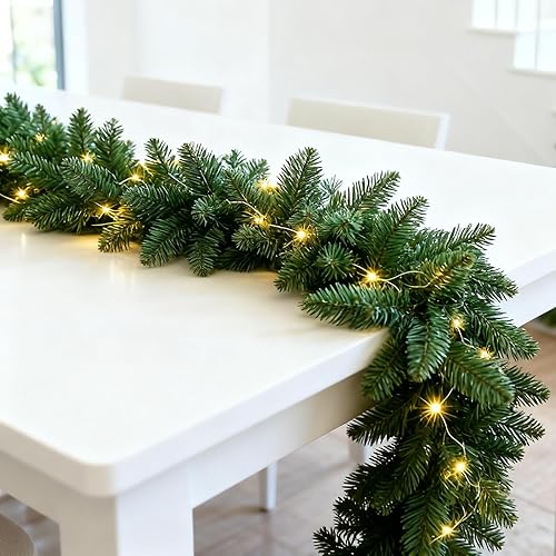 Miniatura 7 de Paquete de 2 guirnaldas de Navidad preiluminadas de 9 pies con luces, guirnalda de Navidad impermeable con temporizador, decoración artificial de