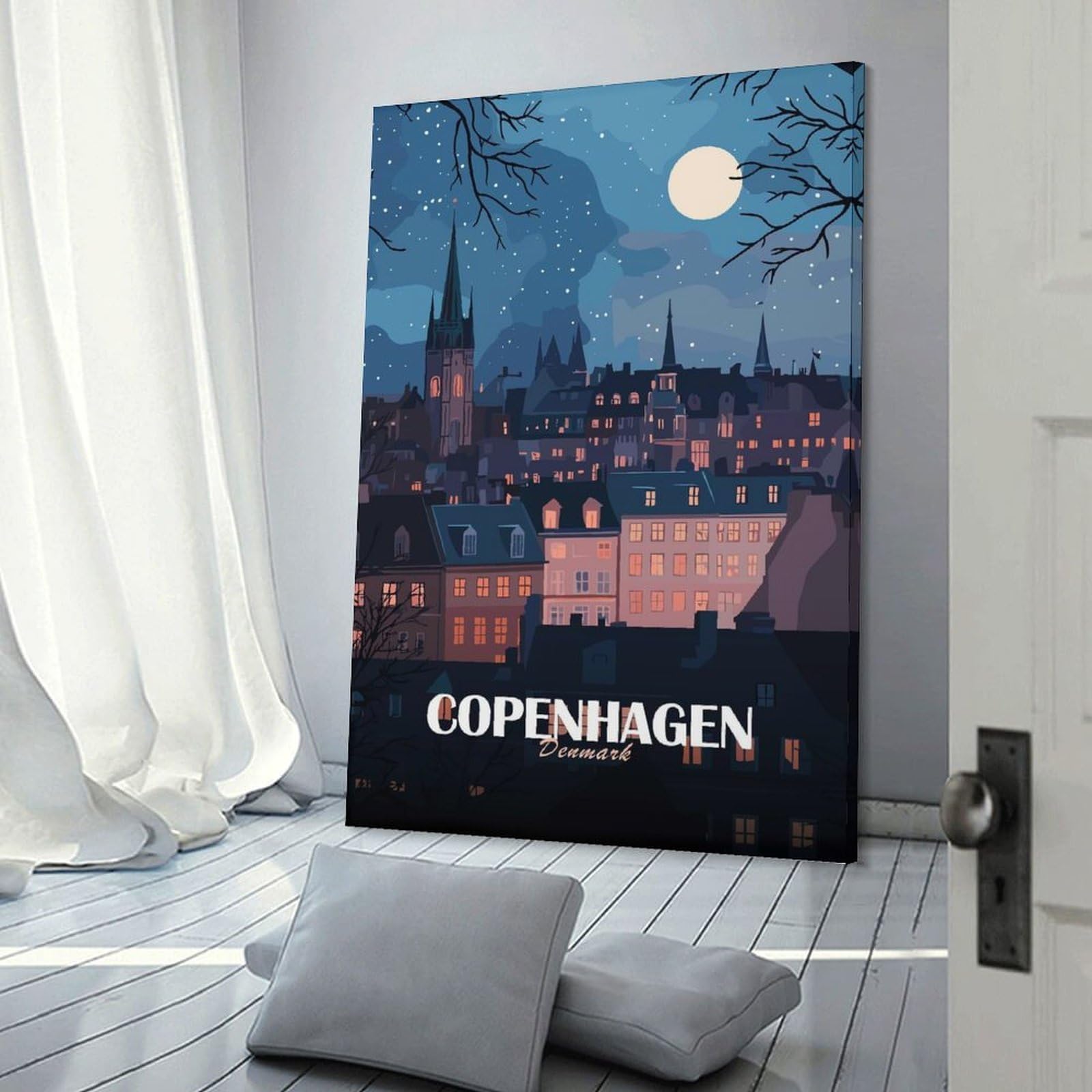 Junmoney Canvas Art Print Copenhagen, Denmark at Night, 24x36inch(60x90cm), for Calm Bedrooms, Home Corners Or Flats, A Warm Accent for Relaxed Interiors