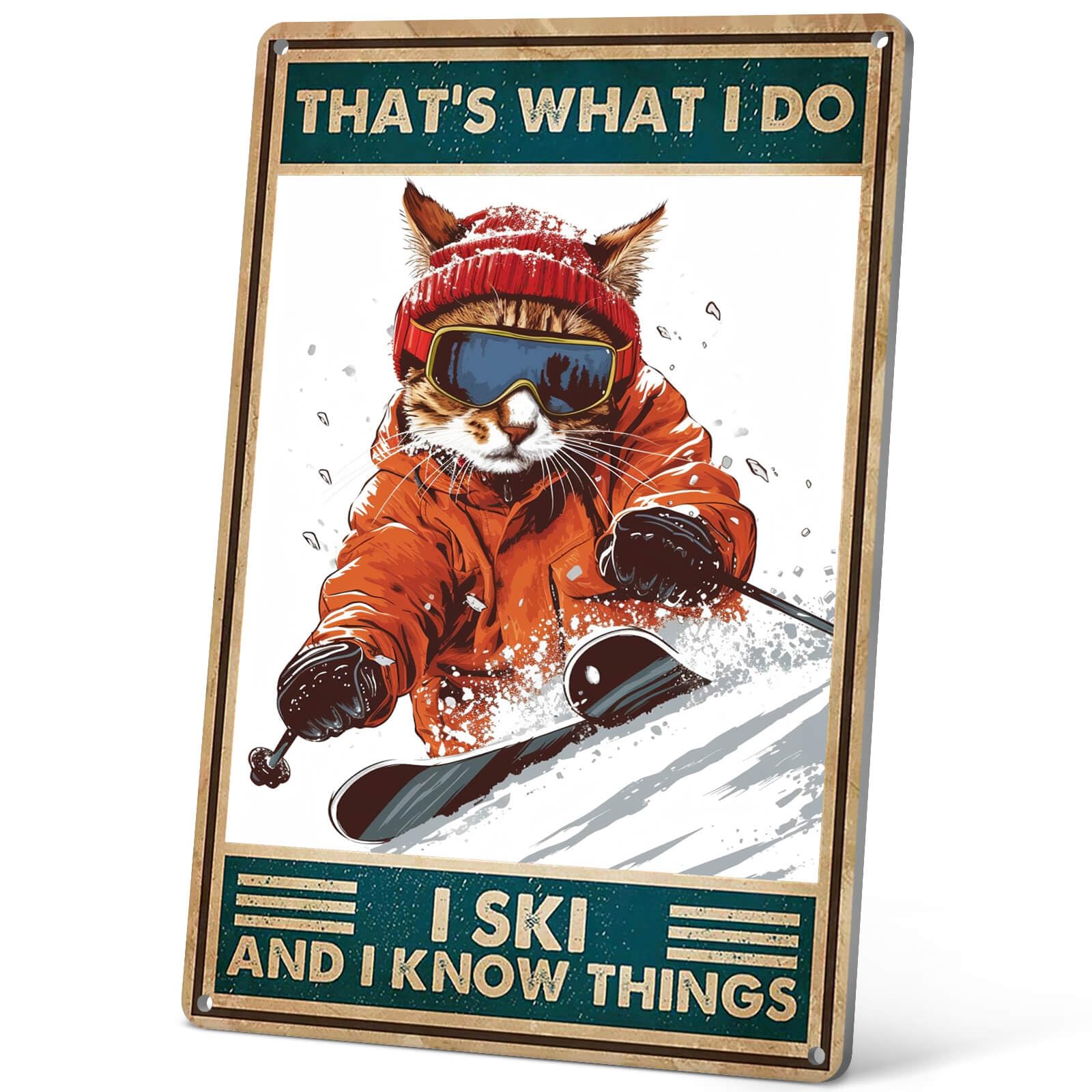 HYBLOM Ski Lodge Decor Cat Skiing Sign Apres Ski Party Decorations for Home Wall Decor Art Funny Boys Men Skiing Gifts Hippy Poster 12x8 Inch