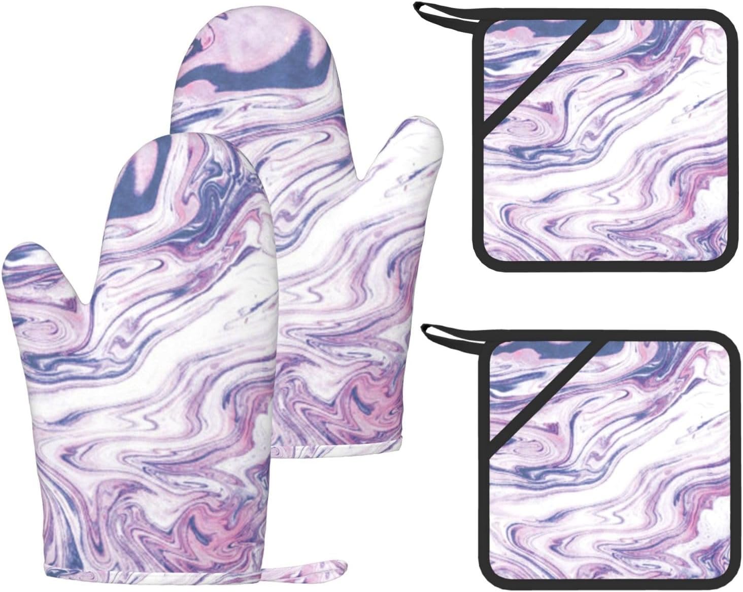 Dark Purple Texture Marble Oven Mitts and Pot Holders Set of 4 Heat Resistant Kitchen Gloves with Silicone Palm Hot Pads for Baking Cooking Grilling BBQ