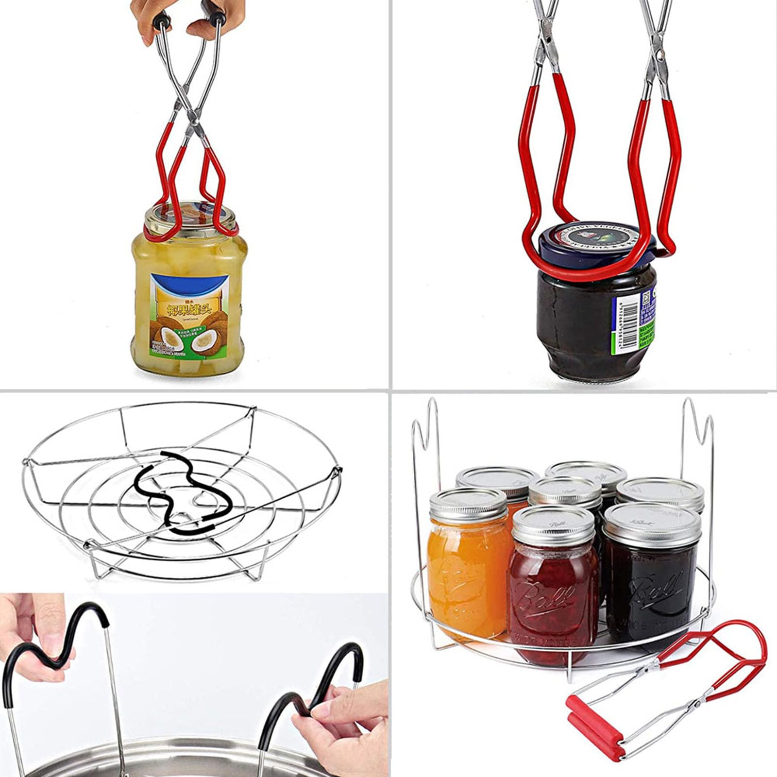 2 Piezas Levantador de Conservas, Rejilla de Vapor Acero Inoxidable, Elevador Tarros Acero Inoxidable, Anti-Escaldaduras Elevador de Tarros Conservas para Frascos de Vidrio (Rojo + Plata + Negro)