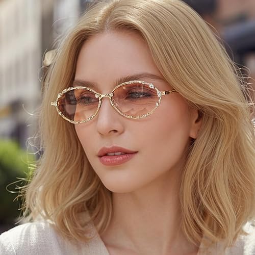 Miniatura 3 de willochra Gafas de sol pequeñas retro delgadas ovaladas con diamantes de imitación para mujer, estilo hippie, discoteca, color champán