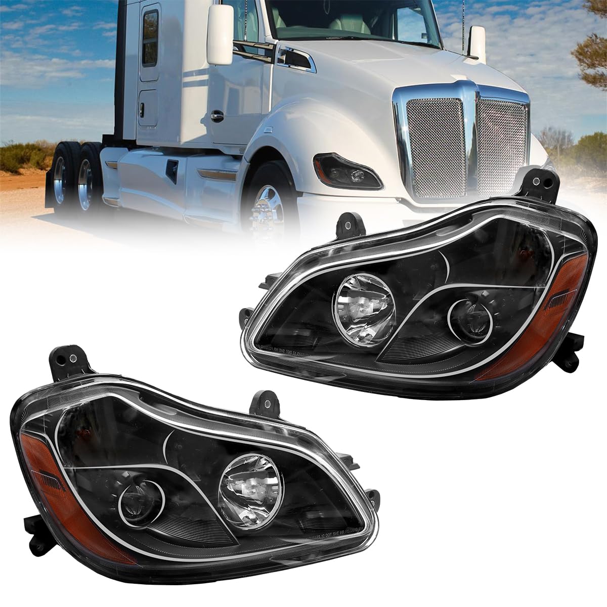 Sunhua Headlight Assembly Fit for Kenworth T680 2013-2021, Halogen Headlights Headlamps W/Bulbs Black House Black, A Pair of Headlight Assembly