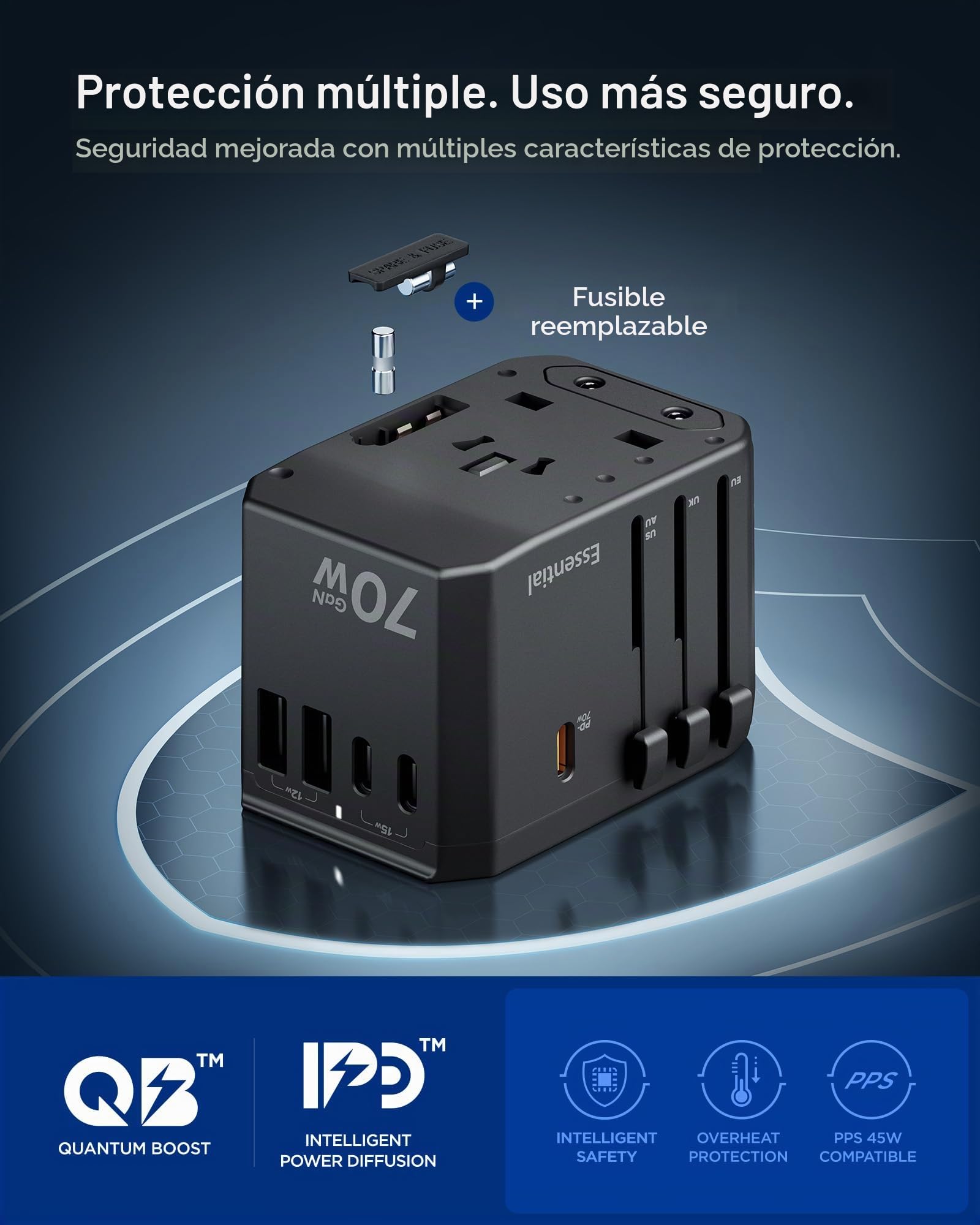 Spigen ArcStation Essential Adaptador Enchufe Universal 70W, Adaptador de Viaje con 3 USB-C PD y 2 USB-A, Universal para US/AU EU UK Más de 200 Países para Teléfonos, Tabletas y más - Negro