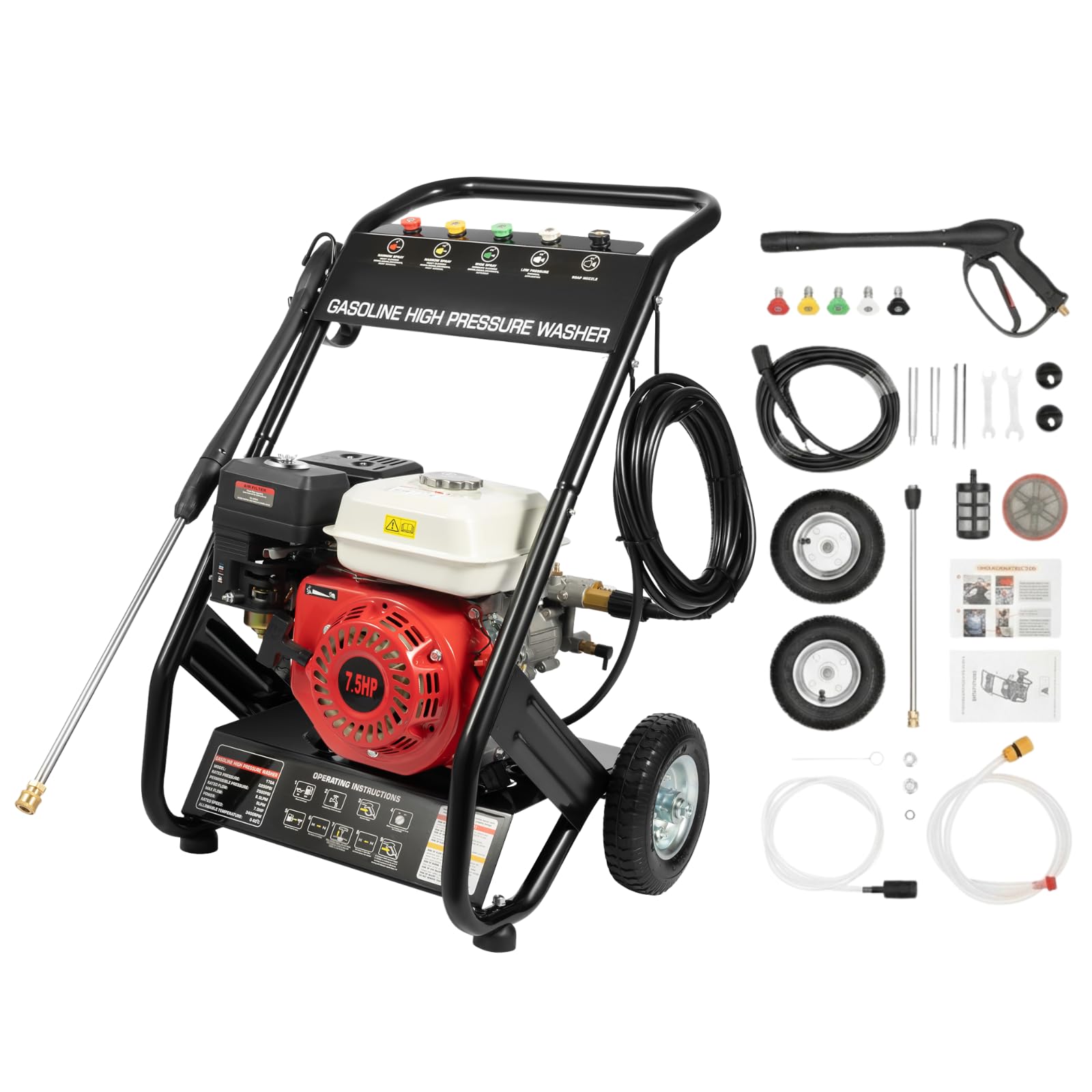 Hidrolimpiadora Gasolina, Limpiador de Alta presión de Gasolina 2200 PSI 2.3 GPM, 7.5HP 3400RPM limpiadora a presión con 5 boquillas, Motor 4 Tiempos, depósito 0.95gal, Manguera 8m
