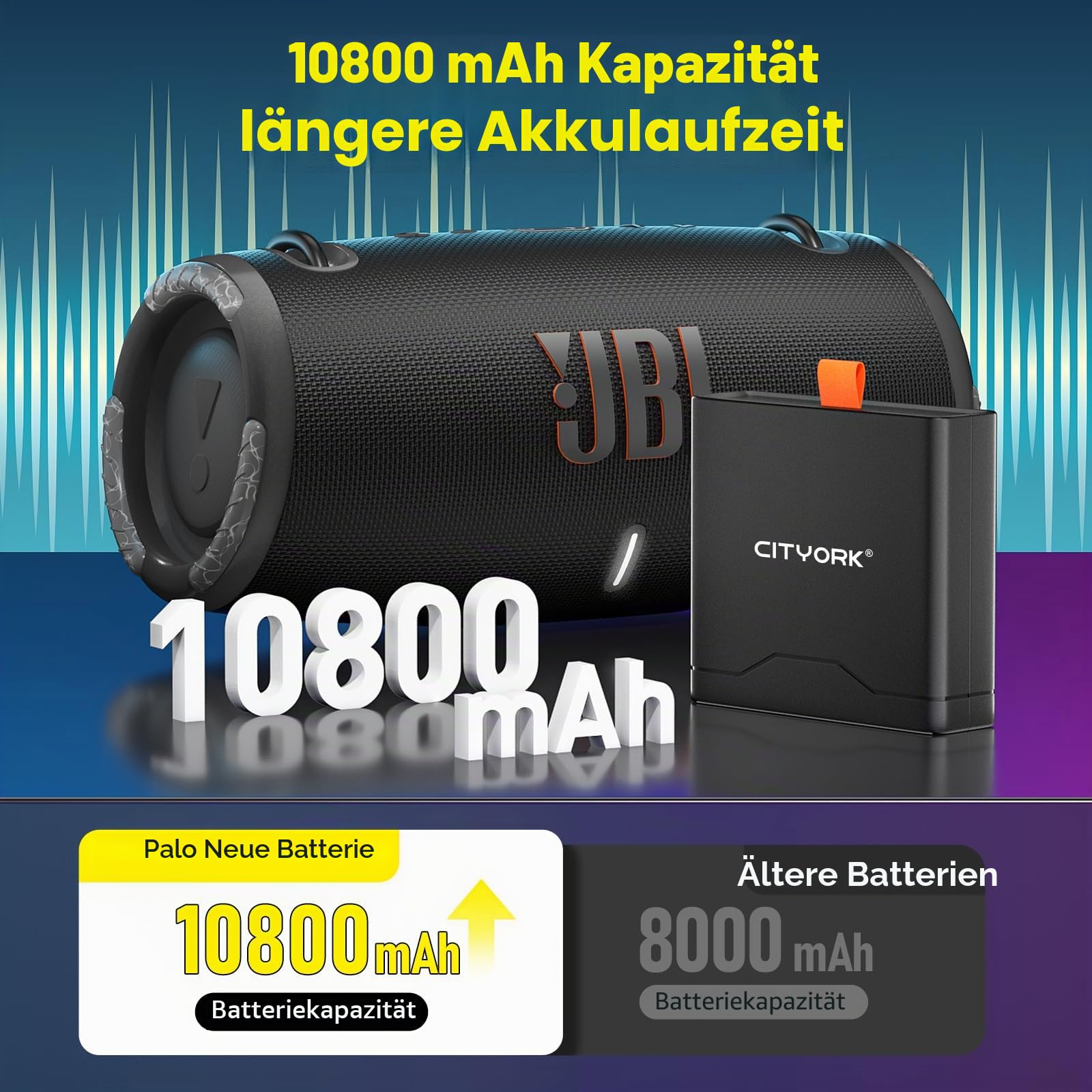CITYORK 7.4V/10800mAh Ersatz Akku für JBL Partybox Stage 320 / JBL Xtreme 4 Bluetooth-Lautsprecher, Lässt Sich in Sekundenschnelle austauschen, sodass die Party doppelt so Lange am Laufen hält