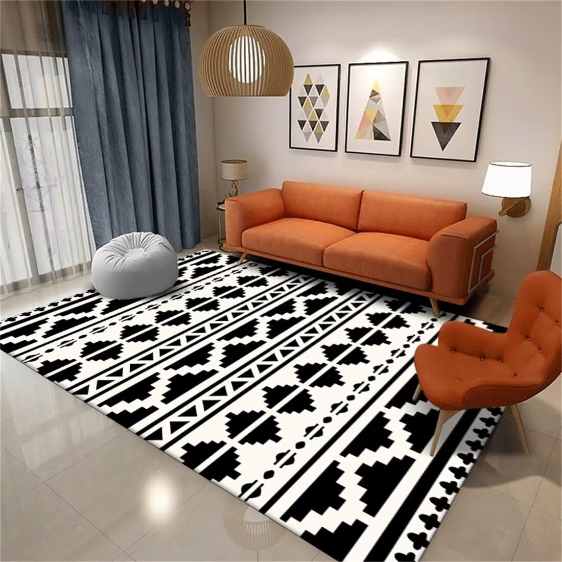 Tapis d'extérieur géométrique noir et blanc 90x200cm pour décoration chambre adulte