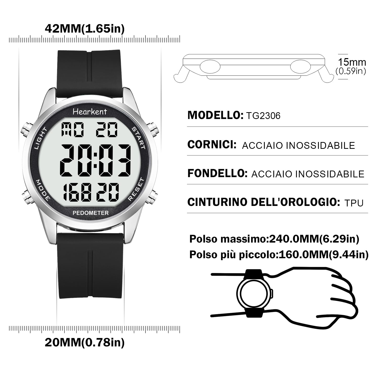 Hearkent Orologio da polso per il fitness con contapassi, pedometro, contatore delle calorie, display LCD digitale ad alto contrasto e retroilluminato, resistente all'acqua