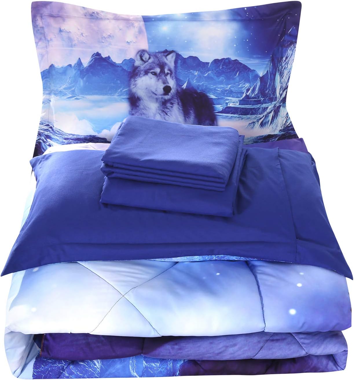 Limited Stock Wowelife White Wolf Comforter Sets Queen 5 Piece Wolf Bedding Set White Wolf Standing on Snow Mountain with Comforter, Flat Sheet, Fitted Sheet and 2 Pillow Cases(White Wolf, Queen)