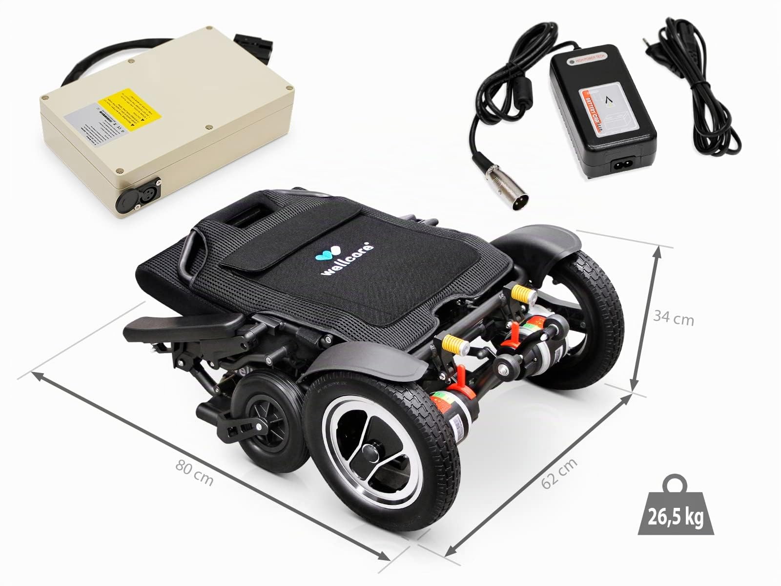 Silla de ruedas eléctrica WELLCORE, Plegable, Autonomía 15 km, Chasis aluminio, Mando con conexión USB, Frenado electromagnético, Hasta 135 kg