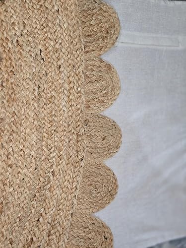 Miniatura 2 de Alfombra redonda natural de yute, alfombra de piso con borde festoneado, trenzado, bohemio, ecológico, grande, circular hecha a mano (natural,