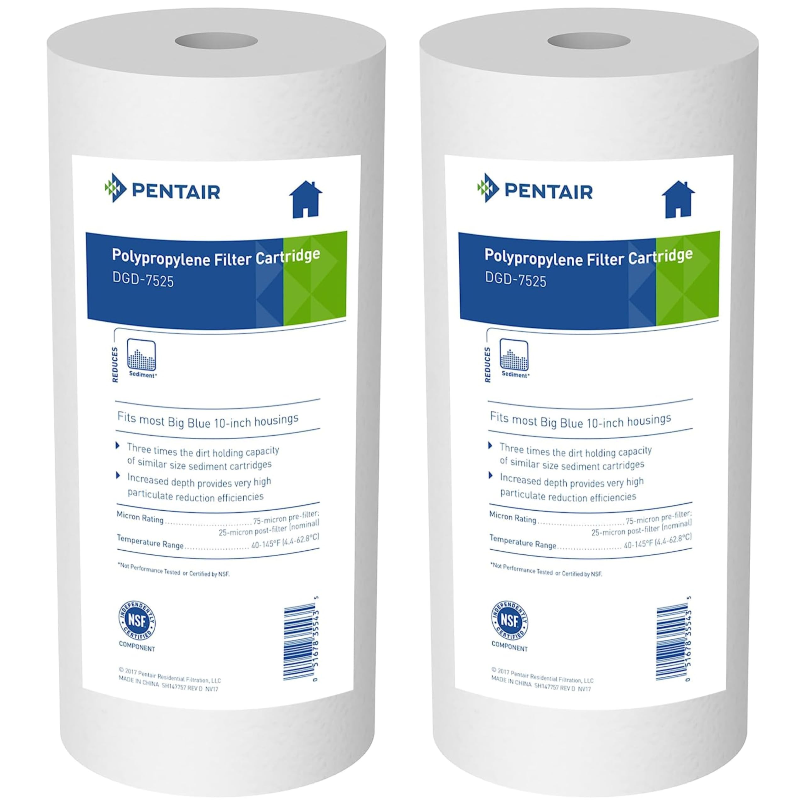 Pentair Pentek DGD-7525 Big Blue Water Filter, 10-Inch Whole House Sediment Filter Cartridge Replacement, Dual-Gradient Density Spun Polypropylene, 10" x 4.5", 25 Micron, Pack of 2
