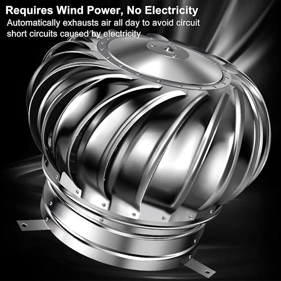 Rotating Chimney Cowl Cap, Roof Chimney Spinner Cowl, Round Stainless Steel Chimney Spinner, Anti-Downdraught Rotating Cap, Top, Hat, Cover for Flue Pipe(12inch/300mm)