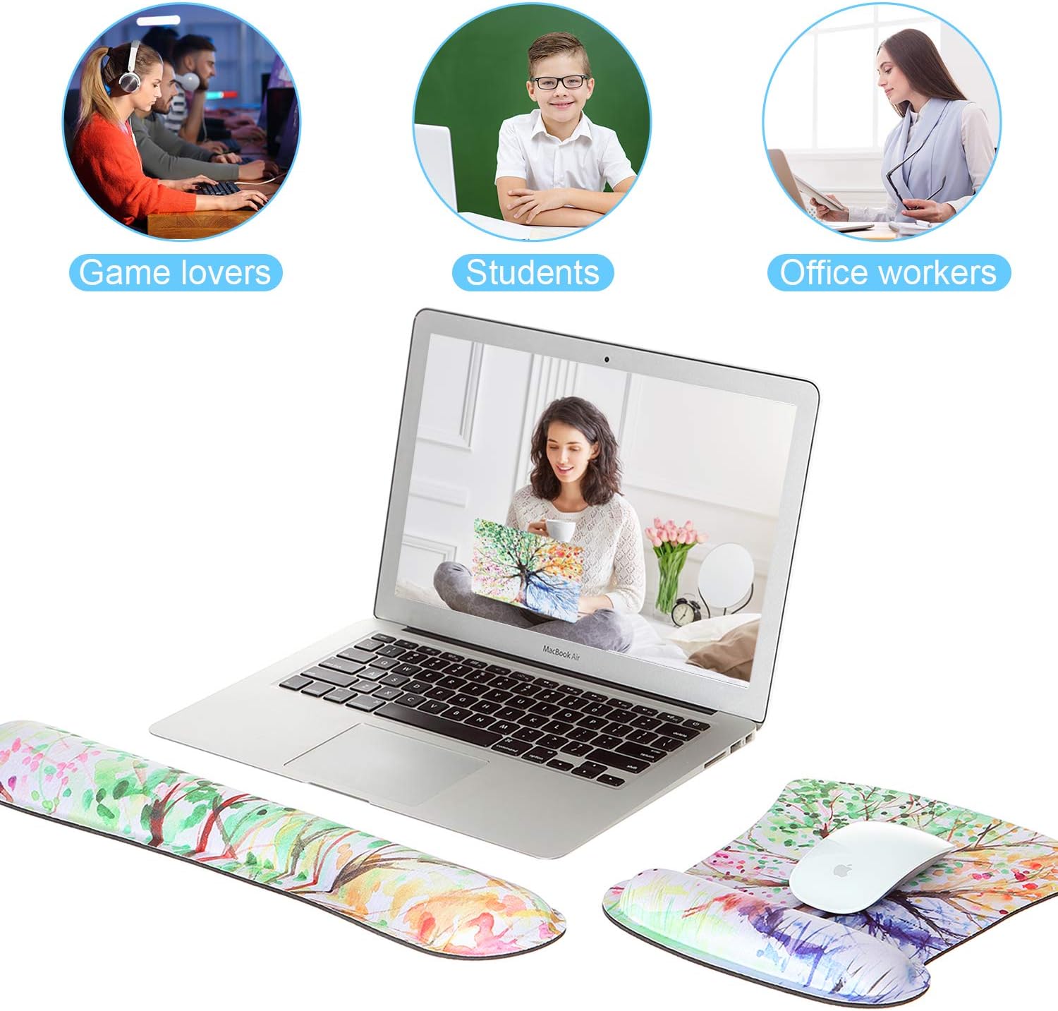 Ergonomic Mouse Pad with Wrist Support and Keyboard Wrist Rest Pad, iDonzon Cute Wrist Pad with Non-Slip Rubber Base and Raised Memory Foam, Easy Typing & Pain Relief, Four Seasons Tree